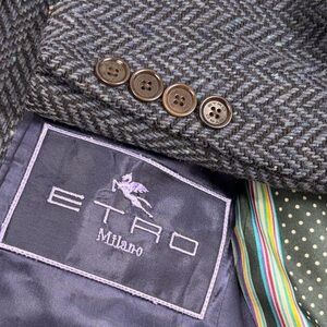 Etro Sport Coat Mens 50L US 40L Blue Herringbone Wool Tweed Silk Stripe Blazer